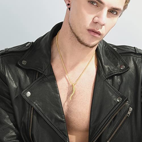U7 Italian Horn Necklace,Stainless Steel/Black/18K Gold Plated Amulet Necklaces, Protection Jewelry for Men Women