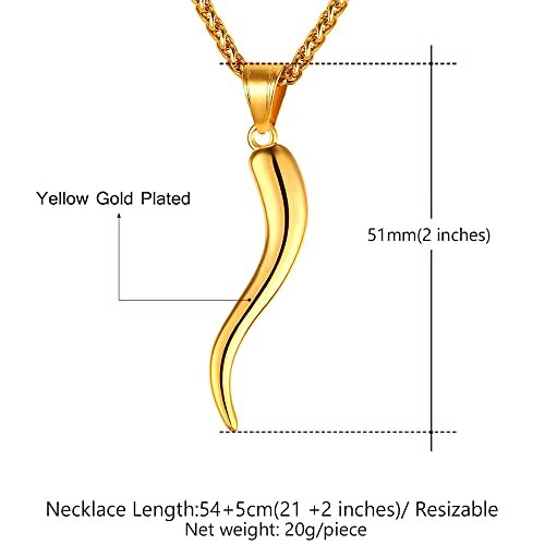 U7 Italian Horn Necklace,Stainless Steel/Black/18K Gold Plated Amulet Necklaces, Protection Jewelry for Men Women