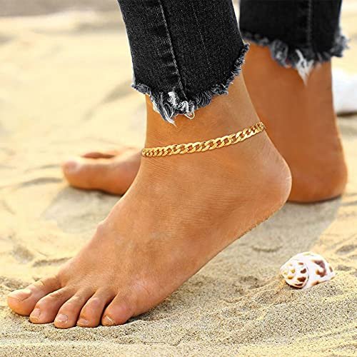 U7 Women Girls Barefoot Jewelry 18K Gold or Rose Gold Stainless Steel Heart/Rope/Figaro/Cuban Chain Anklet Foot Bracelet, 25-30 CM Long
