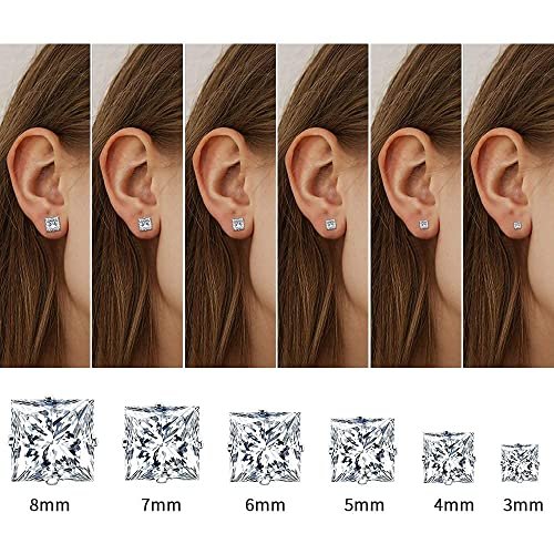 UHIBROS 18K White Gold Plated Square Cubic Zirconia Studs Hypoallergenic Mens Earrings, Stainless Steel Stud Earrings Set for Men 6 Pairs