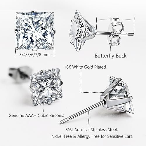 UHIBROS 18K White Gold Plated Square Cubic Zirconia Studs Hypoallergenic Mens Earrings, Stainless Steel Stud Earrings Set for Men 6 Pairs