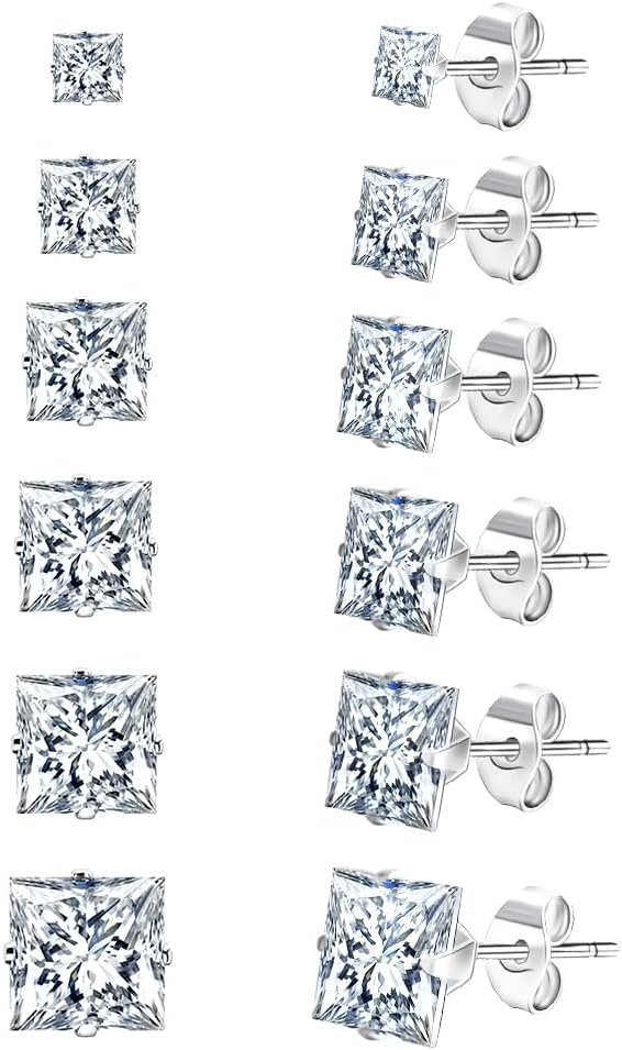 UHIBROS 18K White Gold Plated Square Cubic Zirconia Studs Hypoallergenic Mens Earrings, Stainless Steel Stud Earrings Set for Men 6 Pairs