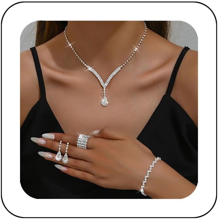 Unicra Bridal Wedding Jewelry Set Silver Rhinestone Necklace Earrings Sets Formal Costume Jewelry for Women and Brides