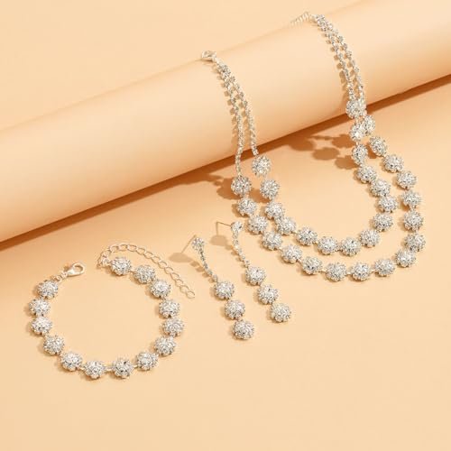 Unicra Rhinestone Bridal Wedding Jewelry Set Silver Crystal Necklace Earrings Bracelet Sets Formal Costume Jewelry for Women and Brides