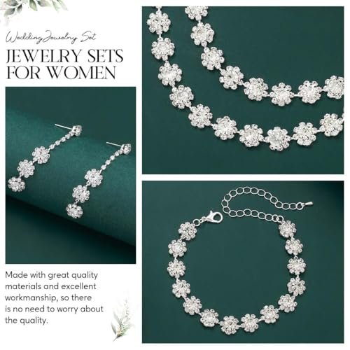 Unicra Rhinestone Bridal Wedding Jewelry Set Silver Crystal Necklace Earrings Bracelet Sets Formal Costume Jewelry for Women and Brides