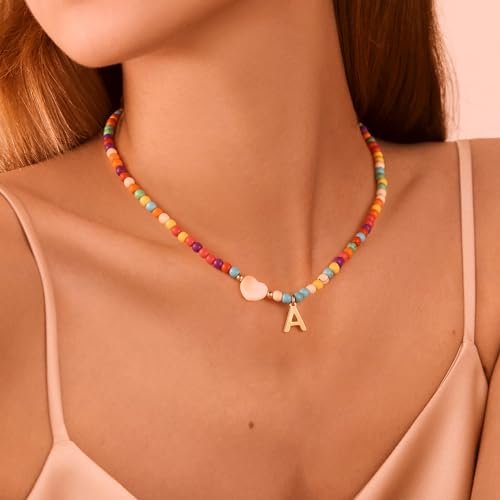 Ursteel Colorful Initial Cute Necklaces for Girls - Trendy Beaded Choker Necklace for Women Teen Girl, Handmade Letter Choker Necklace Jewelry for Women Girls Gifts