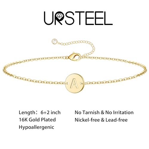 Ursteel Gold Initial Bracelet for Women Trendy - Personalized A-Z Letter Cute Bracelet for Women, Gold Jewelry Gifts for Women