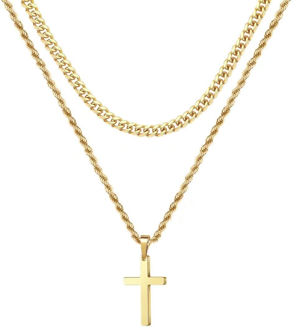 Ursteel Layered Cross Necklace for Men - 18K Gold Silver Black Stainless Steel Mens Cross Necklaces Cross Chain, Layered Rope Chain Cross Necklace for Men 16 18 20 22 24 Inch...