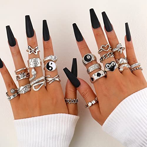 Vintage Silver Open Punk Rings for Men Women, 24PCS Adjustable Rings, Alt Rings, Chunky Silver Rings, Bulky Rings, Hippie Rings ,Cool Gothic Ring,Statement Stacking Ring, Skull...