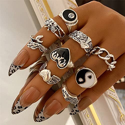 Vintage Silver Open Punk Rings for Men Women, 24PCS Adjustable Rings, Alt Rings, Chunky Silver Rings, Bulky Rings, Hippie Rings ,Cool Gothic Ring,Statement Stacking Ring, Skull...