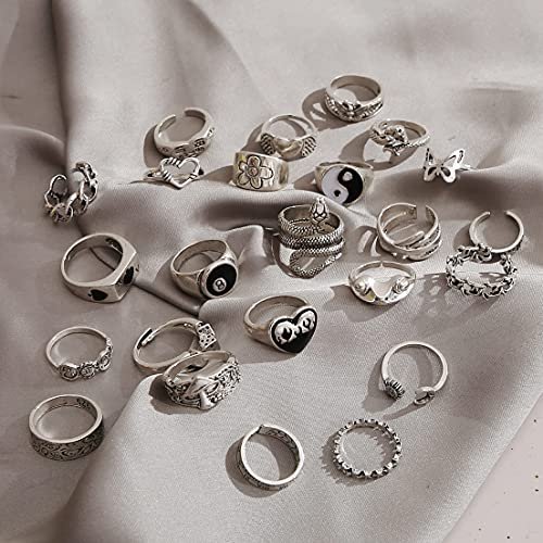 Vintage Silver Open Punk Rings for Men Women, 24PCS Adjustable Rings, Alt Rings, Chunky Silver Rings, Bulky Rings, Hippie Rings ,Cool Gothic Ring,Statement Stacking Ring, Skull...