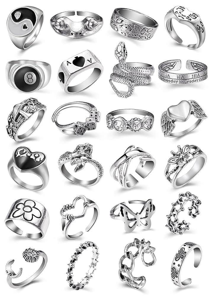 Vintage Silver Open Punk Rings for Men Women, 24PCS Adjustable Rings, Alt Rings, Chunky Silver Rings, Bulky Rings, Hippie Rings ,Cool Gothic Ring,Statement Stacking Ring, Skull...