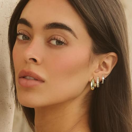 VIROMY Gold Hoop Earrings Set for Women Trendy, 14K Gold Plated Lightweight Small Gold/Silver Hoop Earrings for Women Chunky Open Hoops Earrings for Women Jewelry Gifts for women