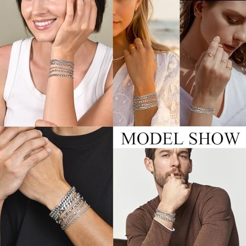 VNOX 5 Pcs Chain Bracelet for Men Women - Sturdy Stainless Steel Curb Width Cuban Link Chain Bracelet Set for Men Women,6.5/7/7.4/8.2/9 Inches
