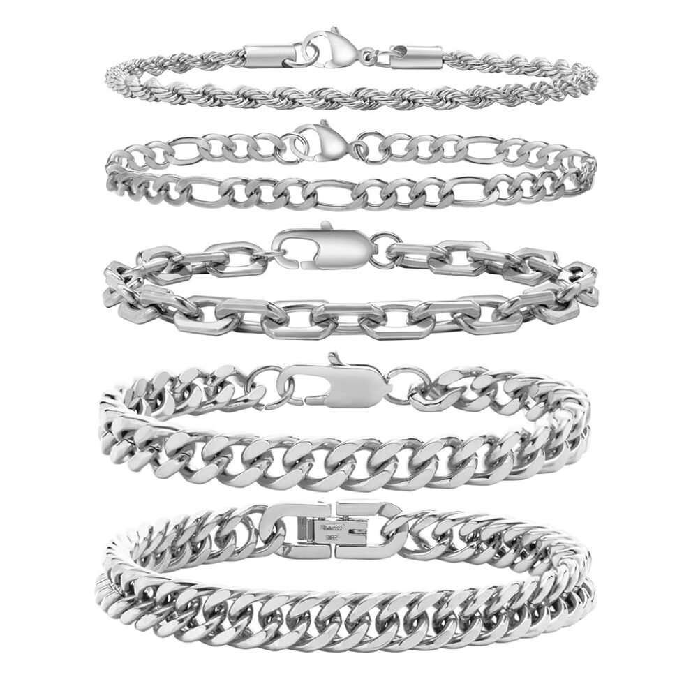 VNOX 5 Pcs Chain Bracelet for Men Women - Sturdy Stainless Steel Curb Width Cuban Link Chain Bracelet Set for Men Women,6.5/7/7.4/8.2/9 Inches