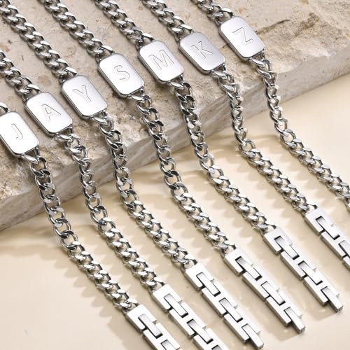 VNOX Initial Bracelet for Men Boys - Simple Mens A-Z Letter Cuban Link Chain Bracelets, Adjustable Solid Stainless Steel Jewelry Gifts for Men Dad Boyfriend