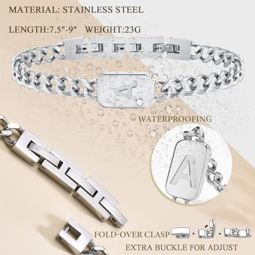 VNOX Initial Bracelet for Men Boys - Simple Mens A-Z Letter Cuban Link Chain Bracelets, Adjustable Solid Stainless Steel Jewelry Gifts for Men Dad Boyfriend