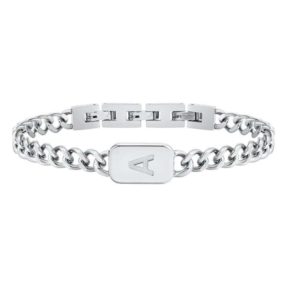 VNOX Initial Bracelet for Men Boys - Simple Mens A-Z Letter Cuban Link Chain Bracelets, Adjustable Solid Stainless Steel Jewelry Gifts for Men Dad Boyfriend