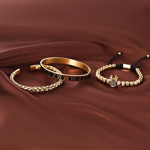 WFYOU 3PCS Stainless Steel Imperial Crown Bracelets for Men Gold Roman Numeral Bangle Bracelet Adjustable Cuff Bracelet Mens Luxury Jewelry Gifts