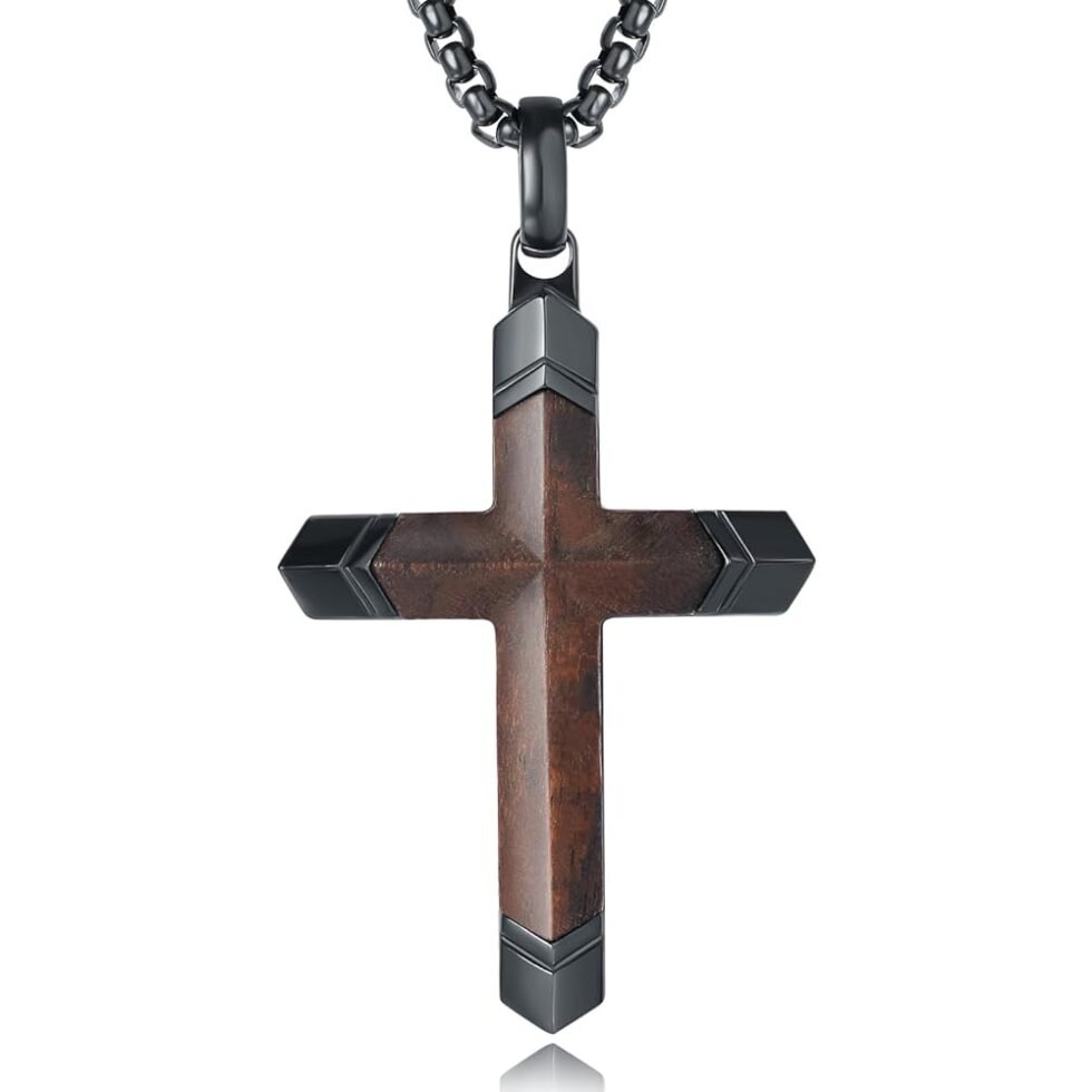 Wooden Cross Necklace for Men, Real Ebony Inset In Black Stainless Steel Christian Wood Crucifix Pendant, Includes Necklace 24" Box Chain