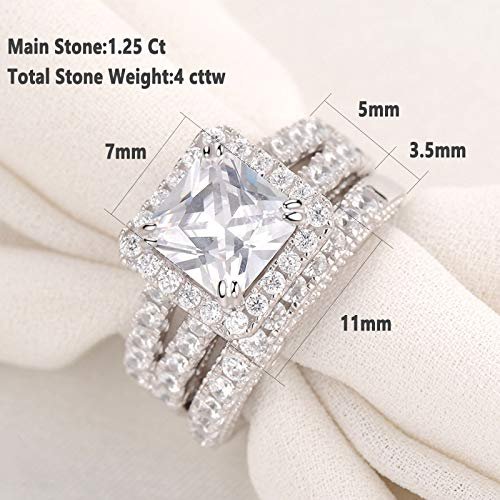 Wuziwen 4Ct Engagement Rings for Women Sterling Silver Cubic Zirconia Wedding Bridal Ring Set Size 4-13