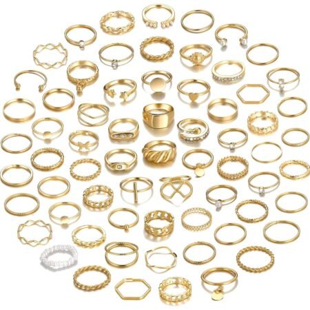 YEEZII 68 Pcs Gold Knuckle Rings Set for Women, Stackable Rings Boho Joint Finger Midi Rings Silver Hollow Carved Crystal Stacking Rings Pack for Gift