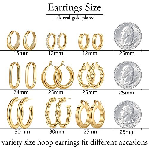 Yesteel 9 Pairs Gold Hoop Earrings for Women, 925 Sterling Silver Post 14K Real Gold Plated Chunky Hoop Earrings Set for Women Hypoallergenic Thick Lightweight Hoop Earrings for...