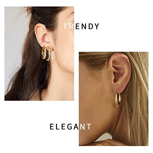 Yesteel 9 Pairs Gold Hoop Earrings for Women, 925 Sterling Silver Post 14K Real Gold Plated Chunky Hoop Earrings Set for Women Hypoallergenic Thick Lightweight Hoop Earrings for...