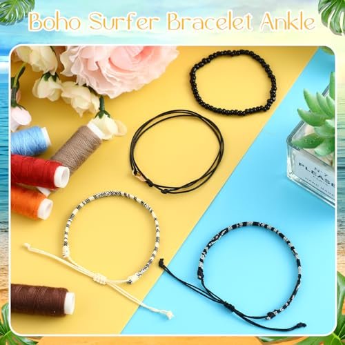 Yinkin 4 Pcs Boho Surfer Bracelet Ankle Adjustable Beaded Anklets Unisex Handmade Braided Bracelet Waterproof Surfer Beach Bracelet Anklet Bracelet String Rope Jewelry for Women...