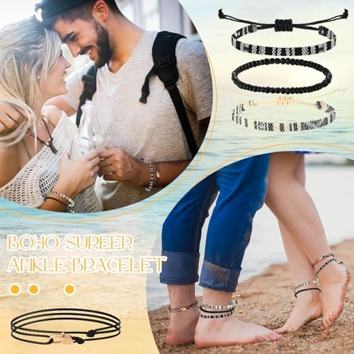 Yinkin 4 Pcs Boho Surfer Bracelet Ankle Adjustable Beaded Anklets Unisex Handmade Braided Bracelet Waterproof Surfer Beach Bracelet Anklet Bracelet String Rope Jewelry for Women...