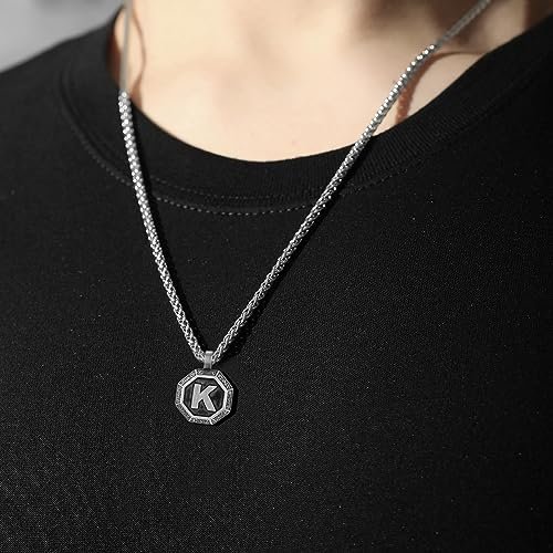 Zocomi Initial Necklace for Men Stainless Steel Letter A-Z Pendant Chain 20+2 Inches, Octagon Norse Viking Talisman Jewelry Gifts