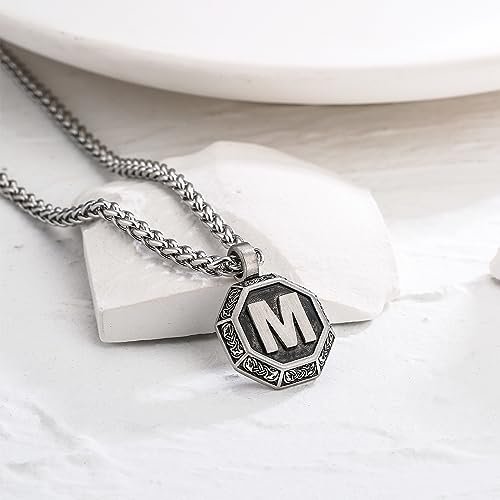 Zocomi Initial Necklace for Men Stainless Steel Letter A-Z Pendant Chain 20+2 Inches, Octagon Norse Viking Talisman Jewelry Gifts